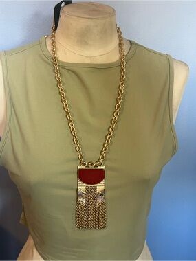 Jardin Gold-Tone Chain Necklace with Red Enamel Pendant and Tassel